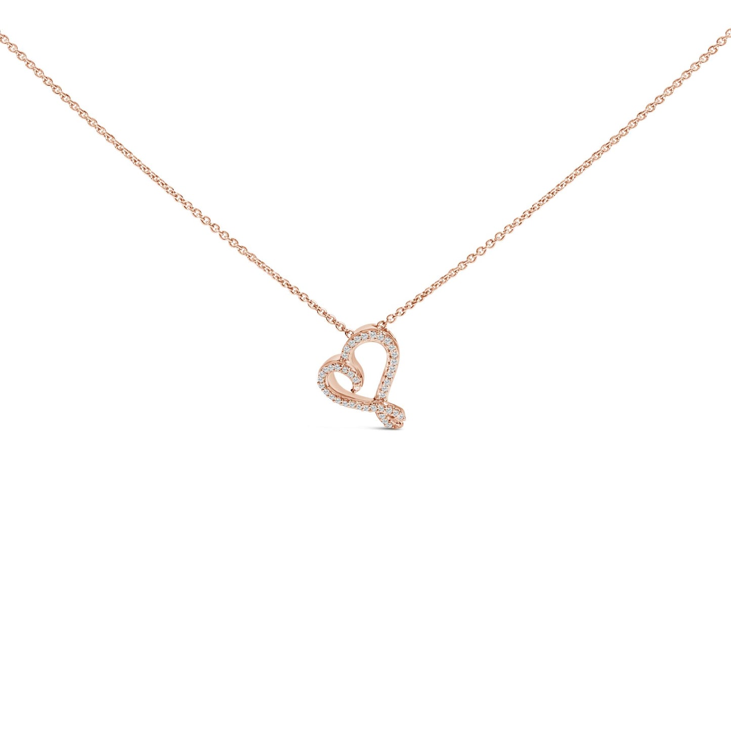 Close-up front view of a rose-colored necklace with a heart-shaped pendant outlined with round white gemstones in bezel settings.