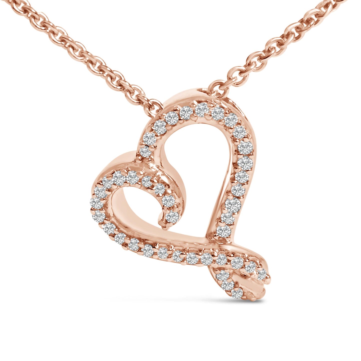 Close-up front angle of a rose-colored heart-shaped necklace pendant adorned with round white gemstones in a bezel setting along the outline, shown on a matching chain.