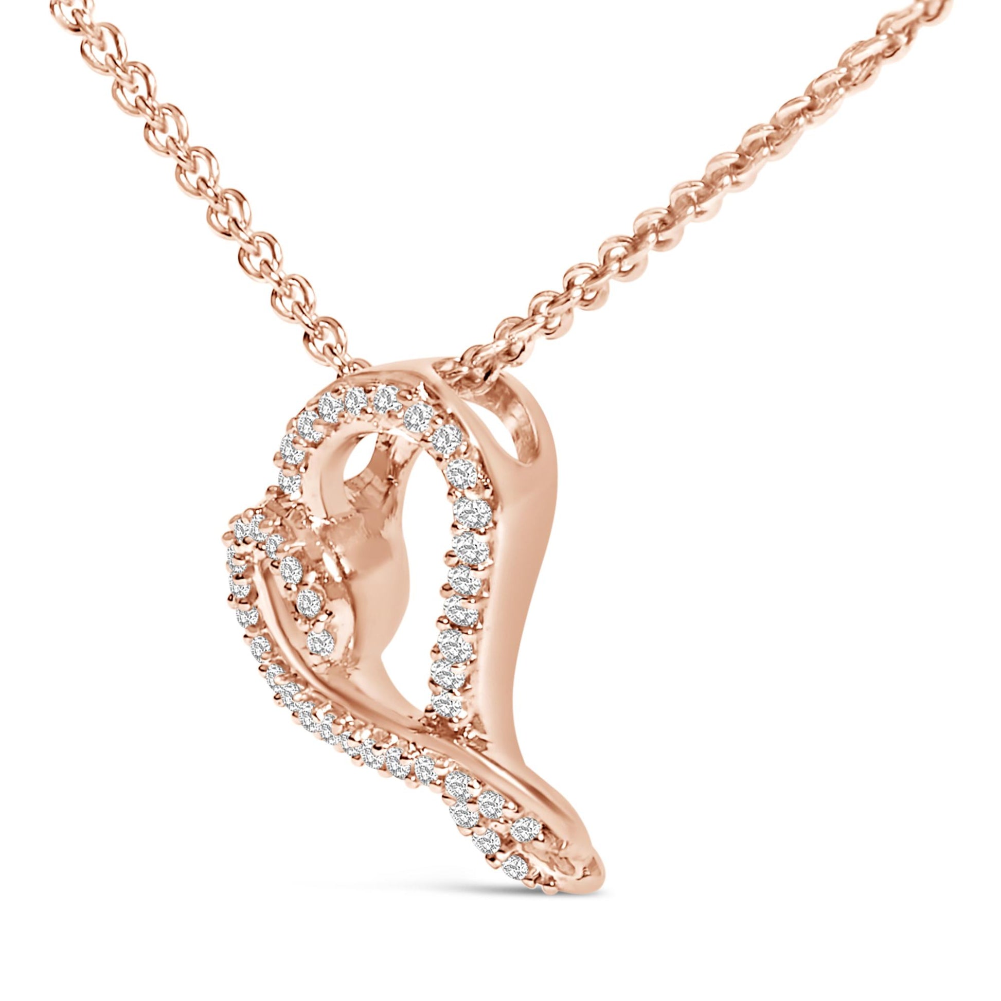 Close-up angled view of a rose and white metal heart-shaped necklace pendant adorned with round bezel-set white gemstones, shown on a white background.