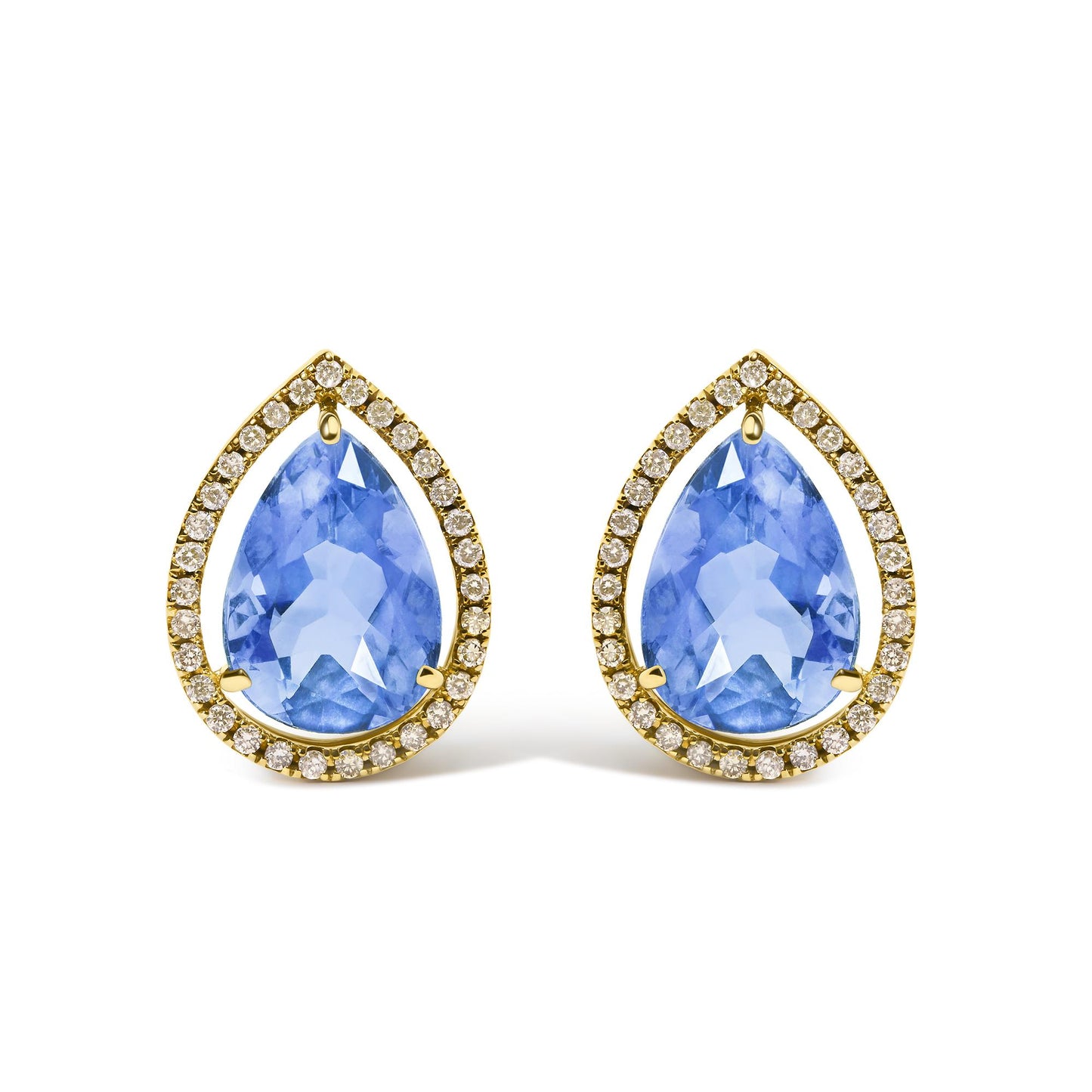 Close-up front angle of yellow metal earrings featuring large pear-shaped blue gemstones surrounded by a halo of small round white gemstones in prong settings.