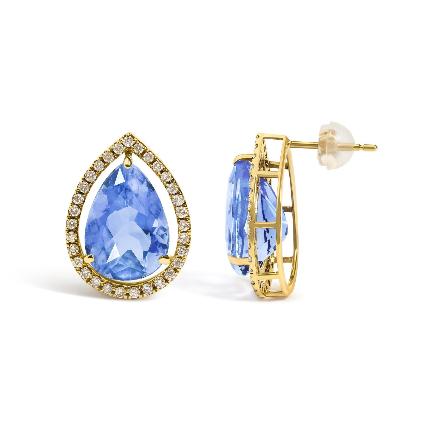 Close-up front and side view of pear-shaped blue gemstone earrings surrounded by a halo of round white gemstones, set in yellow metal, shown on a white background.