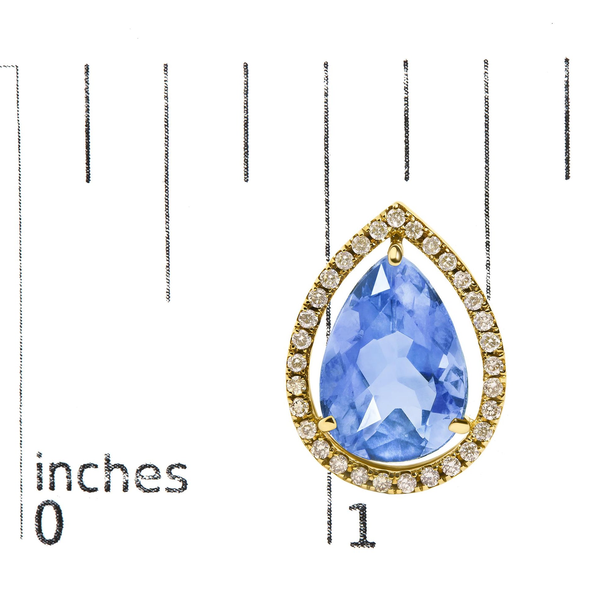 Close-up front angle of a yellow metal earring featuring a large pear-shaped blue gemstone surrounded by a frame of round white gemstones in prong settings, shown on a scale.