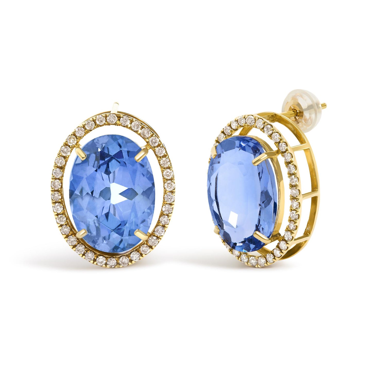 Close-up front and side angle of a pair of yellow metal earrings featuring large oval blue gemstones in 4-prong settings, surrounded by a halo of small round white gemstones in prong settings, shown on a white background.