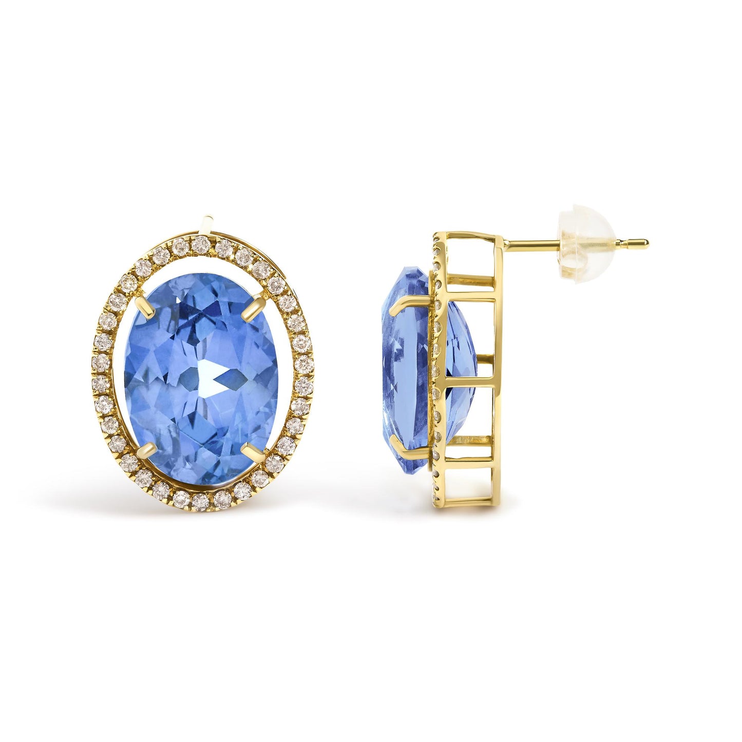 Close-up image of yellow metal earrings with oval blue gemstones in the center, surrounded by round white gemstones in prong settings, shown from front and side angles on a white background.