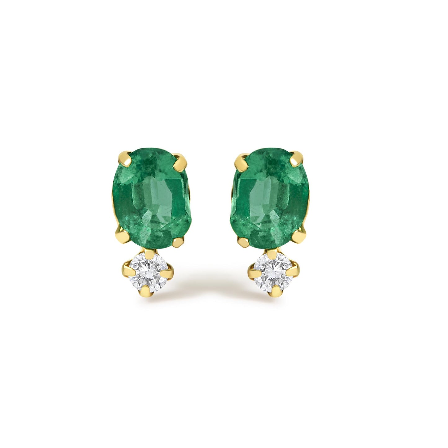 Front view of yellow metal earrings featuring oval green gemstones set above round white gemstones, both with prong settings.