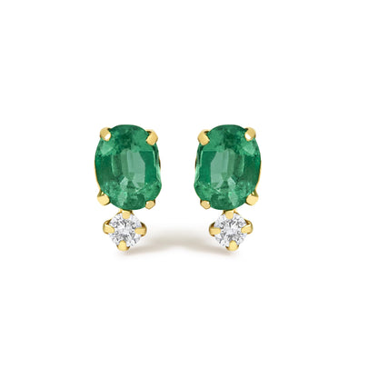 Front view of yellow metal earrings featuring oval green gemstones set above round white gemstones, both with prong settings.