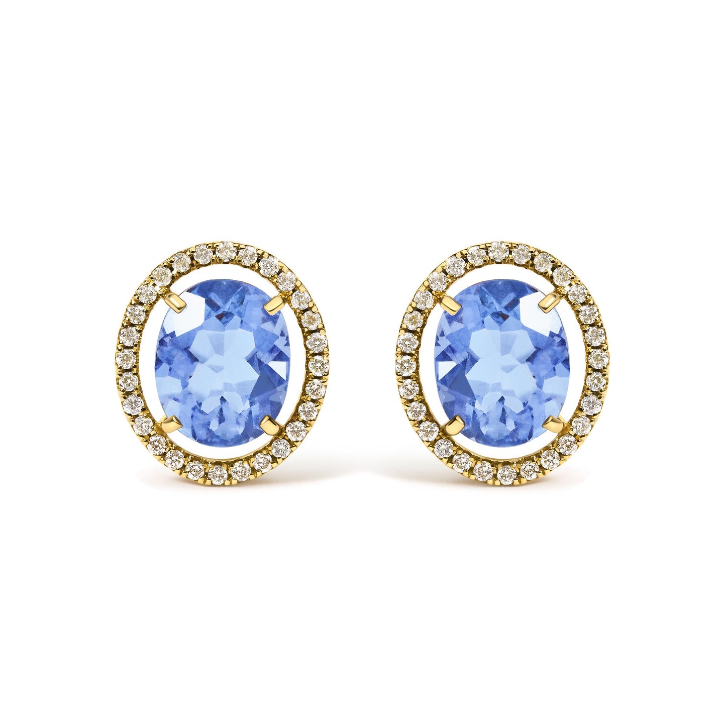 Close-up front view of yellow metal earrings featuring large oval blue gemstones at the center, surrounded by a halo of small round white gemstones in prong settings.