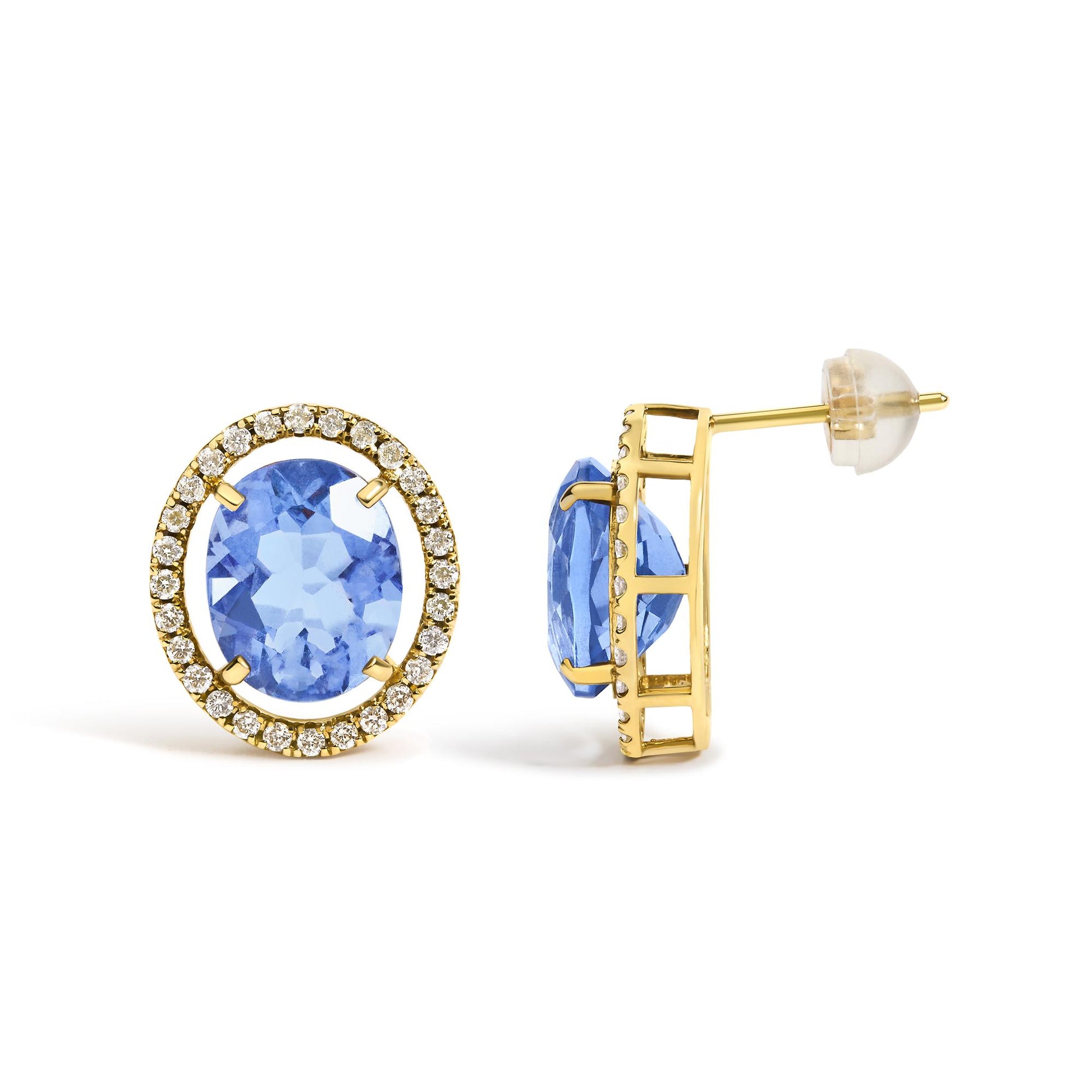 Close-up front and side view of yellow earrings featuring a central oval blue gemstone surrounded by a halo of small white round gemstones in prong settings.