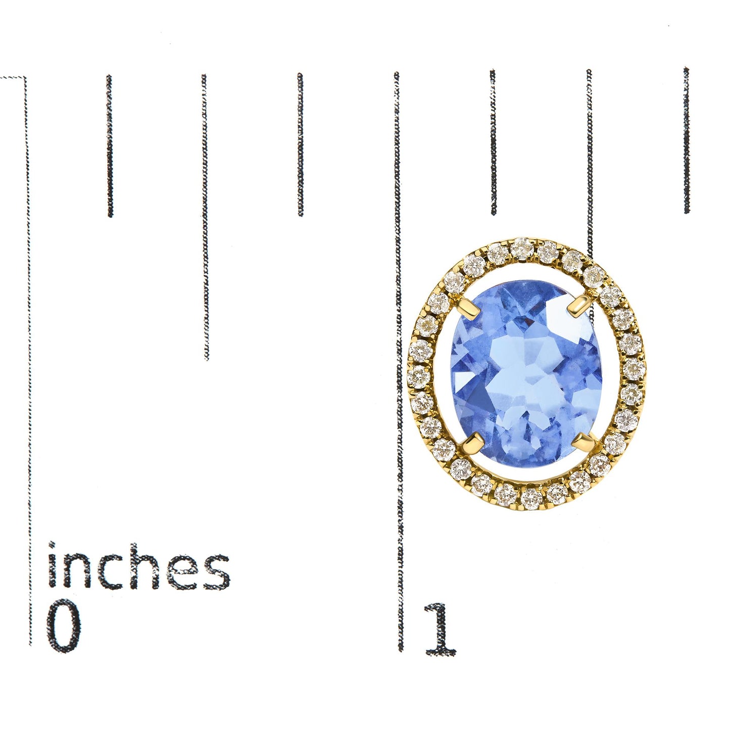 Close-up angled view of a yellow metal earring featuring an oval blue gemstone in a four-prong setting, surrounded by a halo of small round white gemstones in prong settings, shown on a measurement scale.