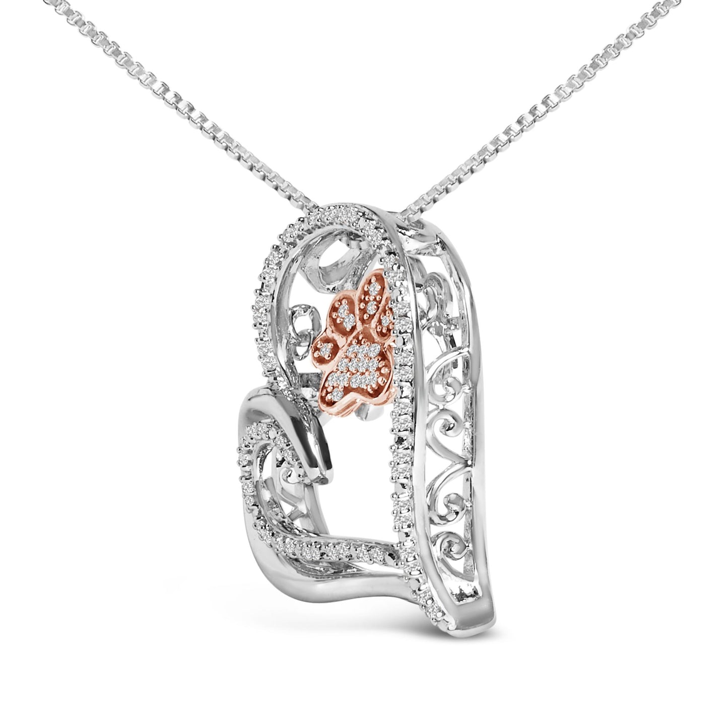 Close-up front angle of a two-tone heart-shaped necklace pendant with a rose-colored paw print accented with small white gemstones and surrounded by white metal with white gemstones, shown on a chain.