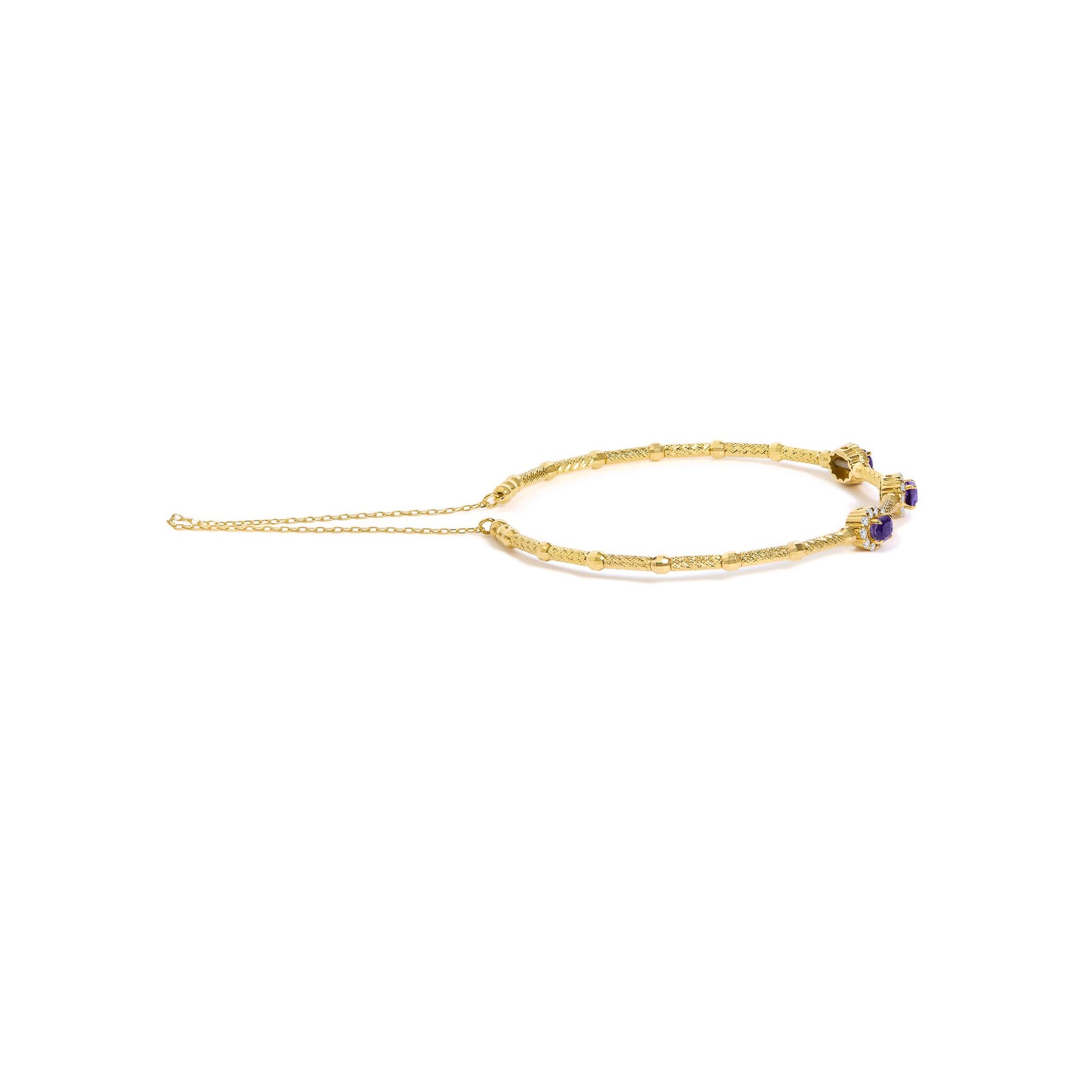 Yellow bracelet with textured and smooth sections, featuring clusters of oval purple gemstones surrounded by small round white gemstones in prong settings, shown flat on a white background from a top angle.