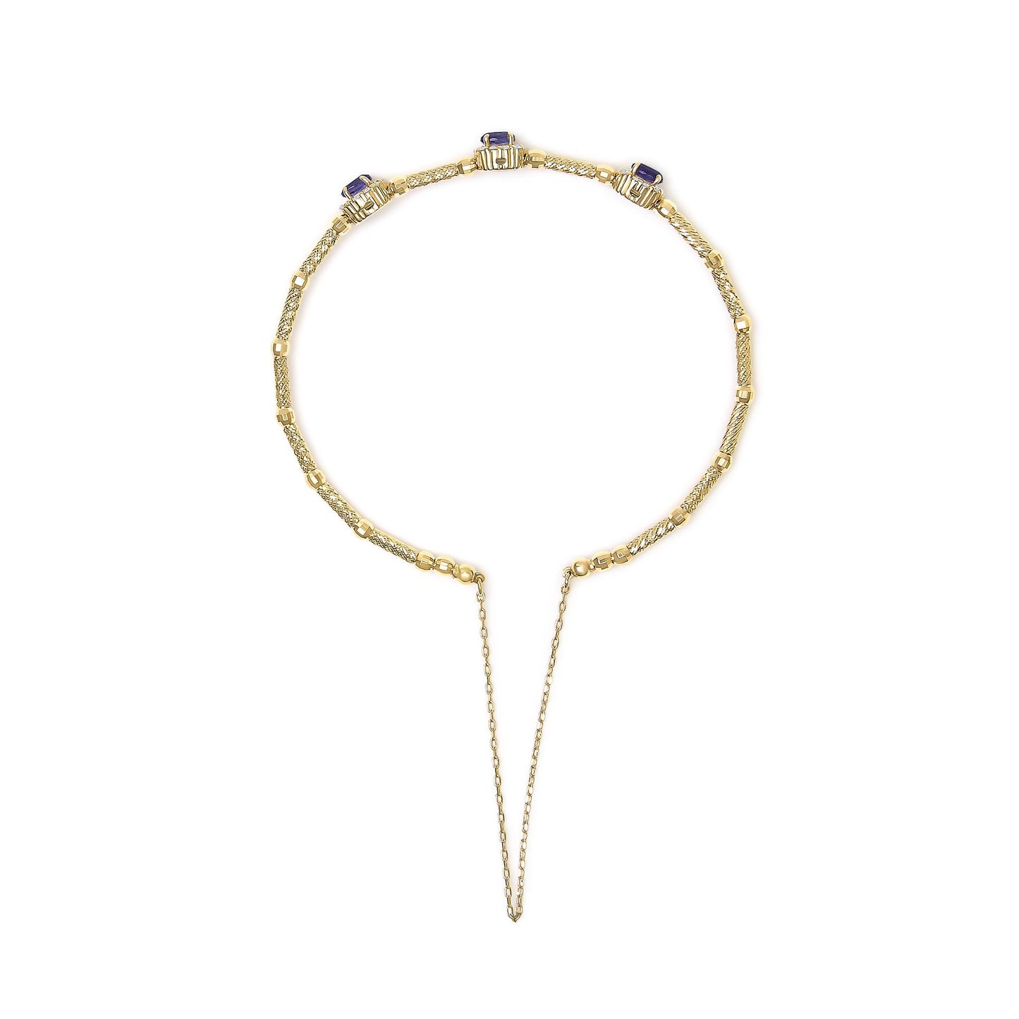 Top-down view of a yellow bracelet featuring three purple oval gemstones in prong settings, surrounded by round white gemstones in prong settings, shown on a white background.