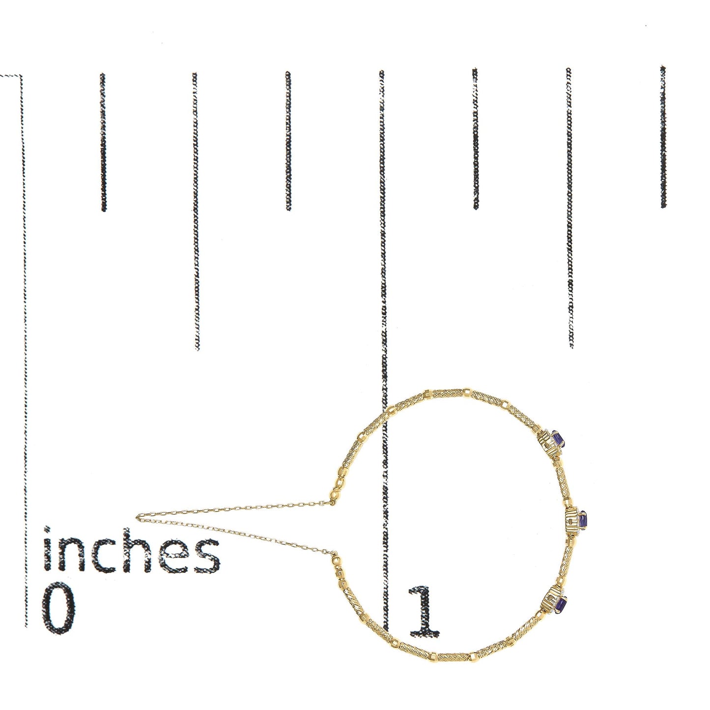 Yellow bracelet with textured and smooth sections, featuring oval purple gemstones and round white gemstones in prong settings, shown flat on a measurement scale from a top-down angle.