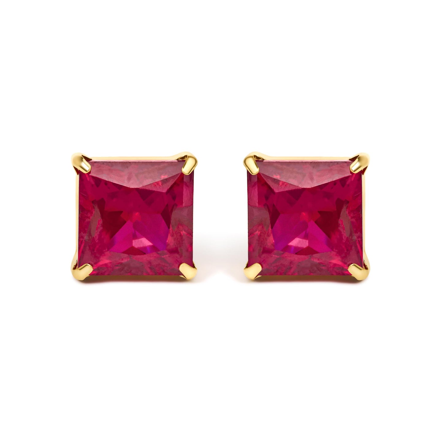 Close-up front view of yellow metal earrings featuring red princess-shaped gemstones in four-prong settings.