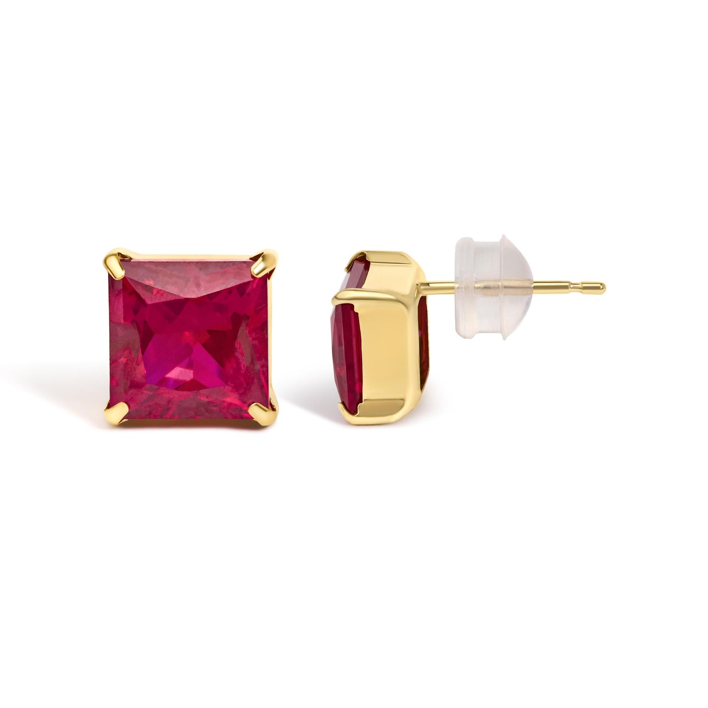 Close-up side and front view of yellow metal stud earrings with red princess-shaped gemstones in 4-prong settings shown on a white background.