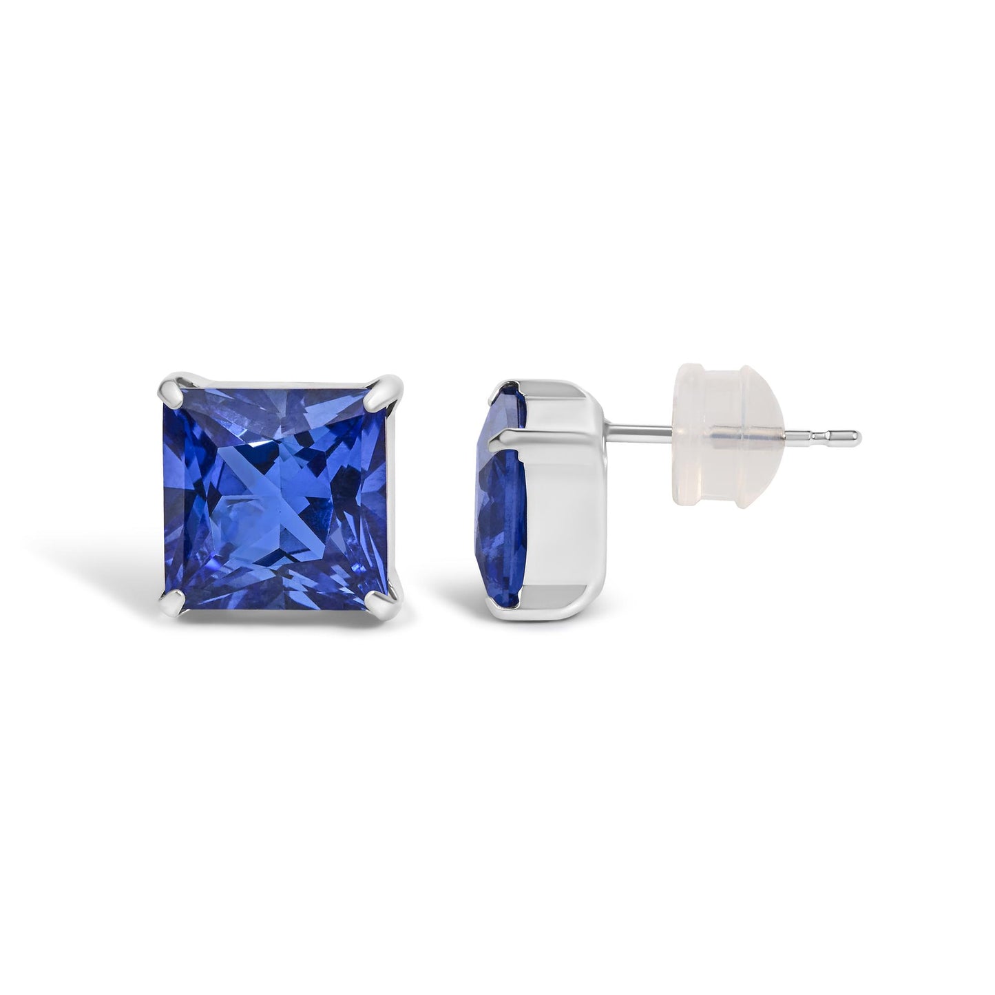 Close-up side and front angled view of white metal stud earrings with blue princess-shaped gemstones in 4-prong settings, shown on a white background.
