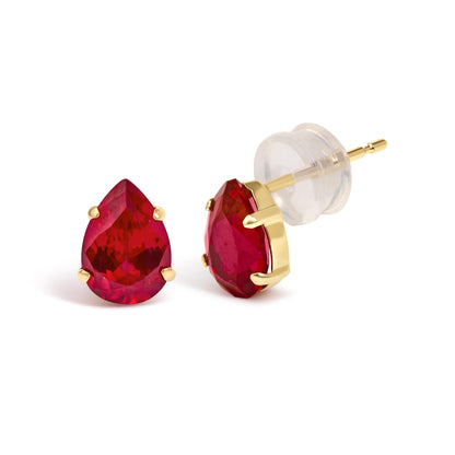 18K Yellow Gold 5X7 MM Created Pear Ruby Solitaire Stud Earrings