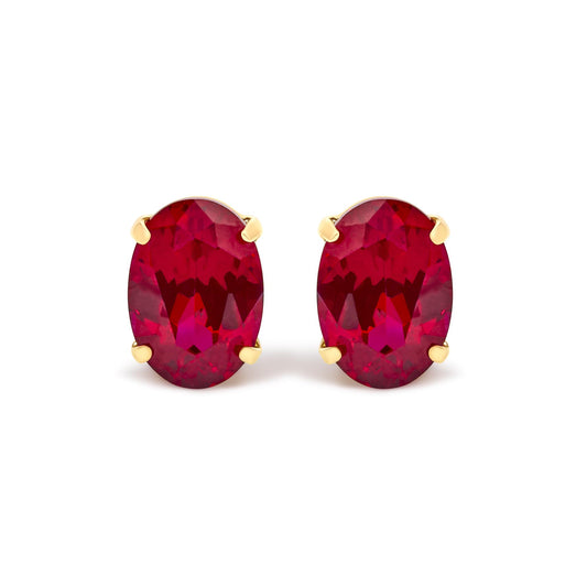 18K Yellow Gold 7x5 MM Created Oval Ruby Solitaire Stud Earrings