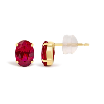 18K Yellow Gold 7x5 MM Created Oval Ruby Solitaire Stud Earrings