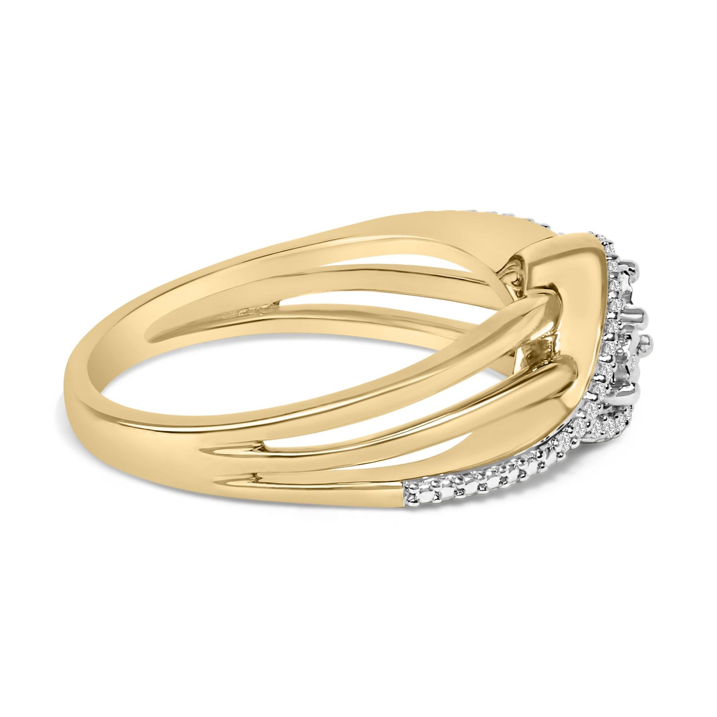Side angle close-up of a yellow and white metal ring featuring round white gemstones in prong settings along the top.