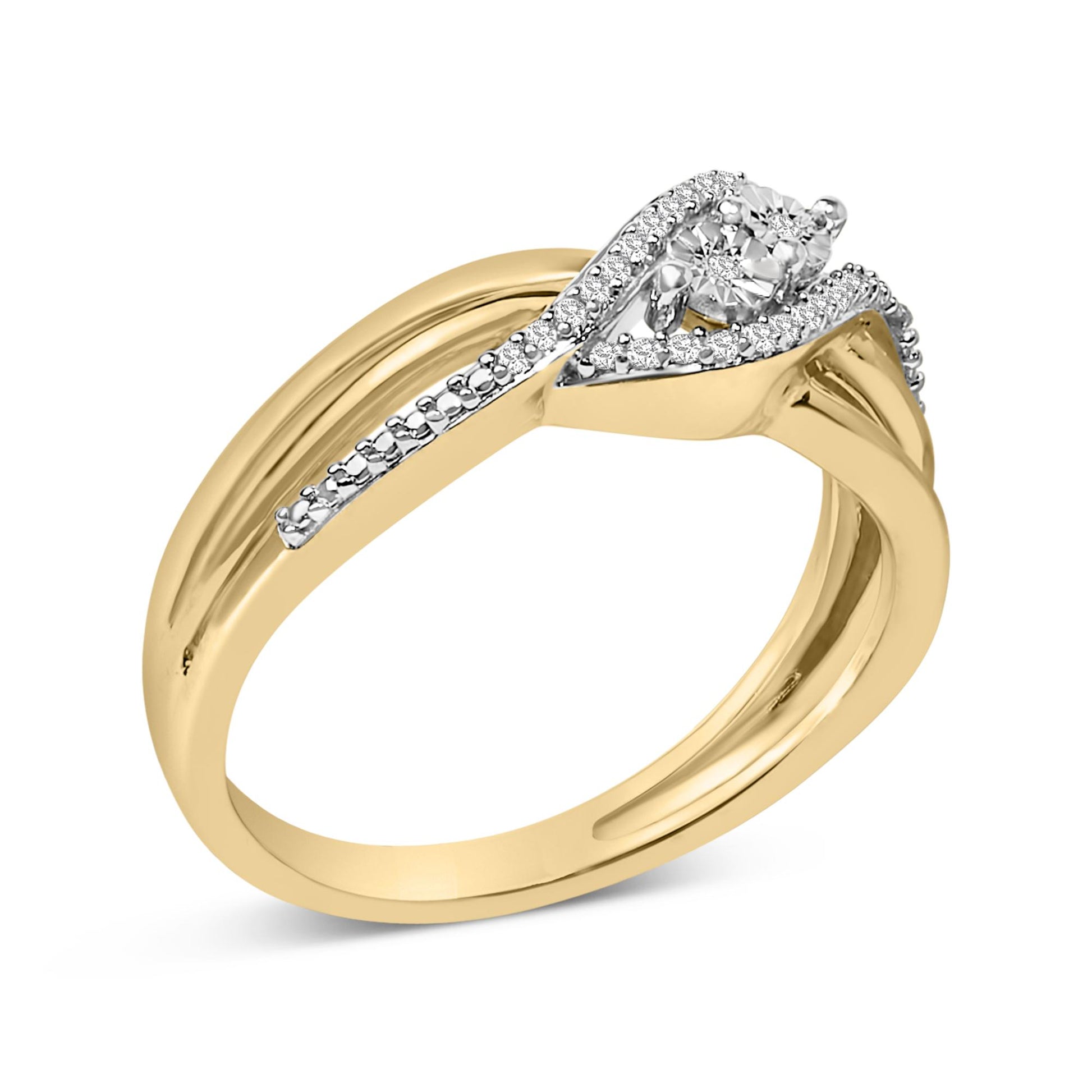 Close-up angled view of a yellow and white ring featuring a curved split shank design with white round gemstones in prong settings along one side and surrounding a larger central white gemstone in a teardrop-shaped setting.