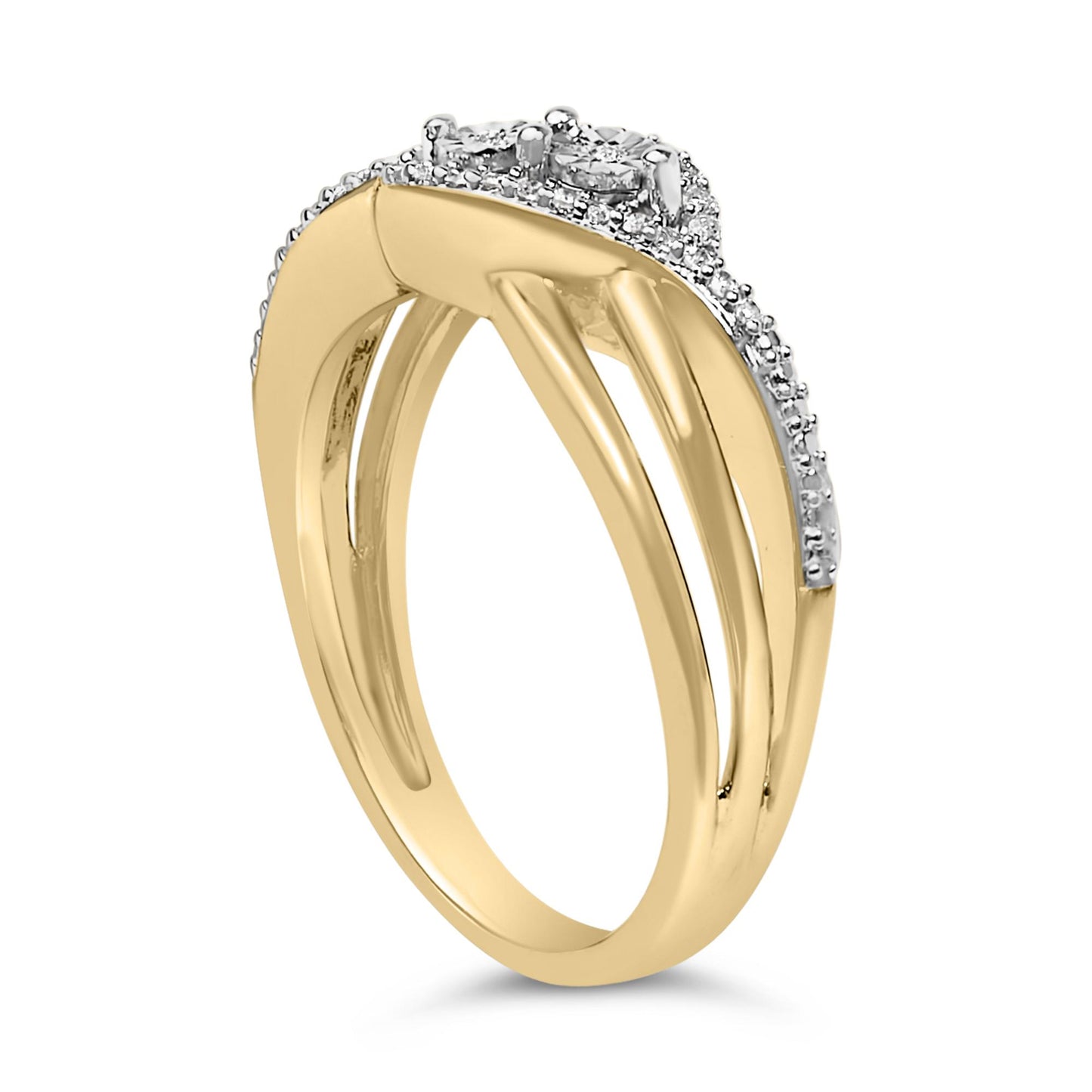 Close-up angled view of a ring with yellow and white metal featuring round white gemstones in prong settings along the top.
