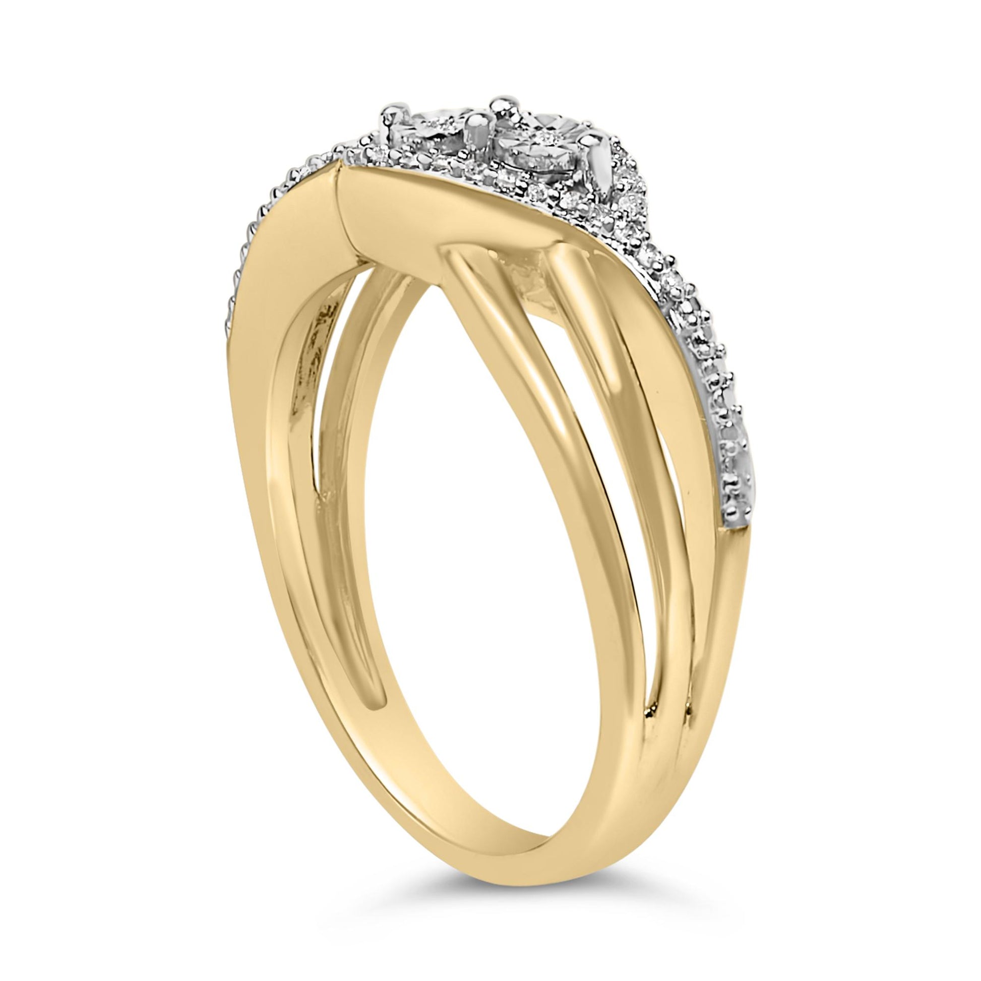 Close-up angled view of a ring with yellow and white metal featuring round white gemstones in prong settings along the top.