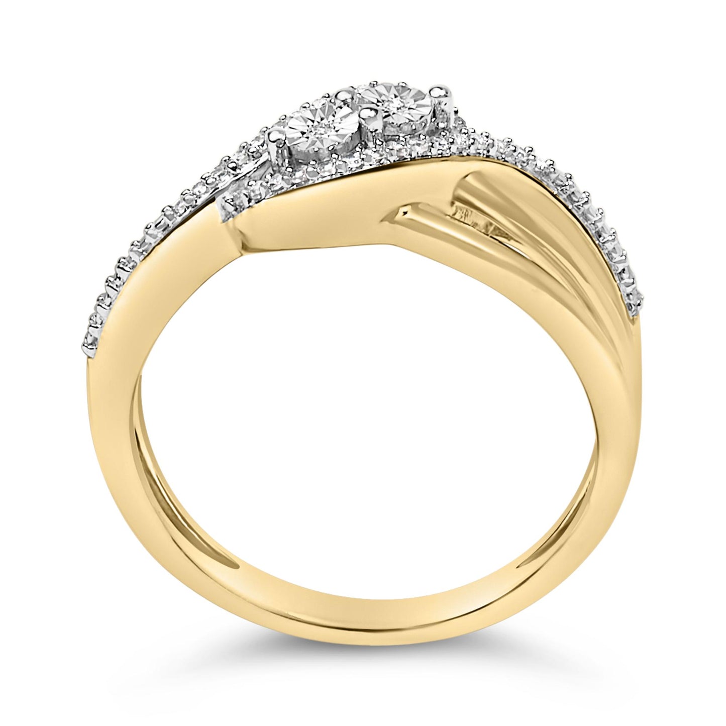 Close-up front angle of a yellow and white metal ring featuring two larger round white gemstones in prong settings centered on the top, surrounded by a row of smaller round white gemstones along a white metal section.