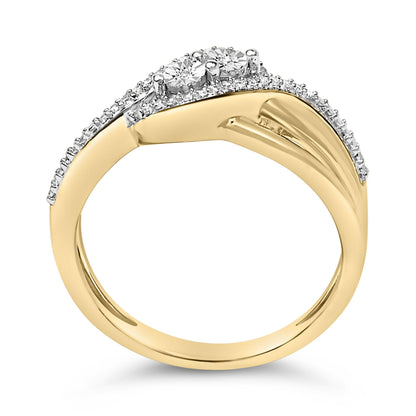 Close-up front angle of a yellow and white metal ring featuring two larger round white gemstones in prong settings centered on the top, surrounded by a row of smaller round white gemstones along a white metal section.