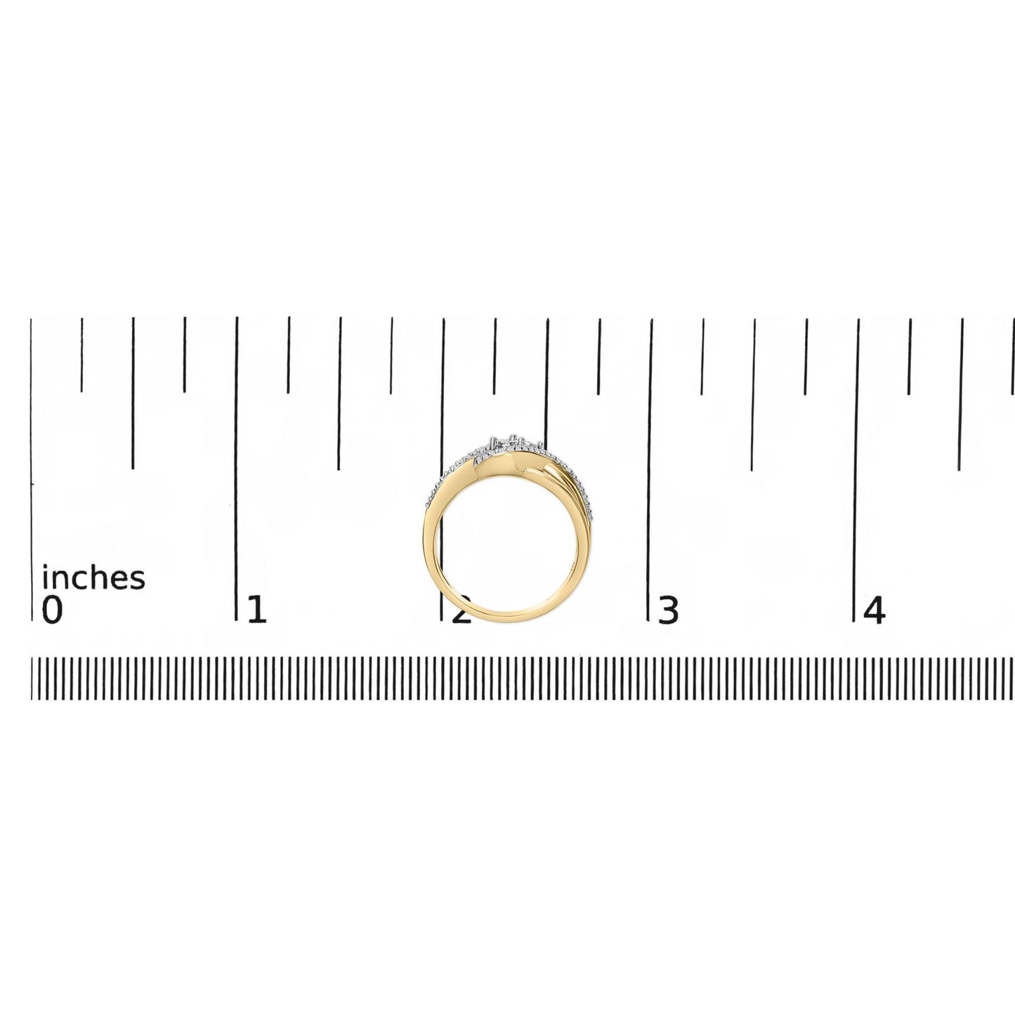 Ring with yellow and white metal, featuring white round gemstones in a prong setting, shown on a ruler scale from a front angle.