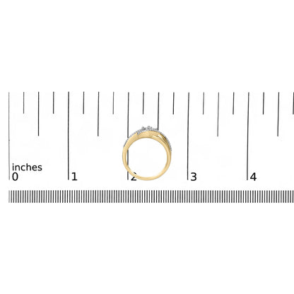 Ring with yellow and white metal, featuring white round gemstones in a prong setting, shown on a ruler scale from a front angle.