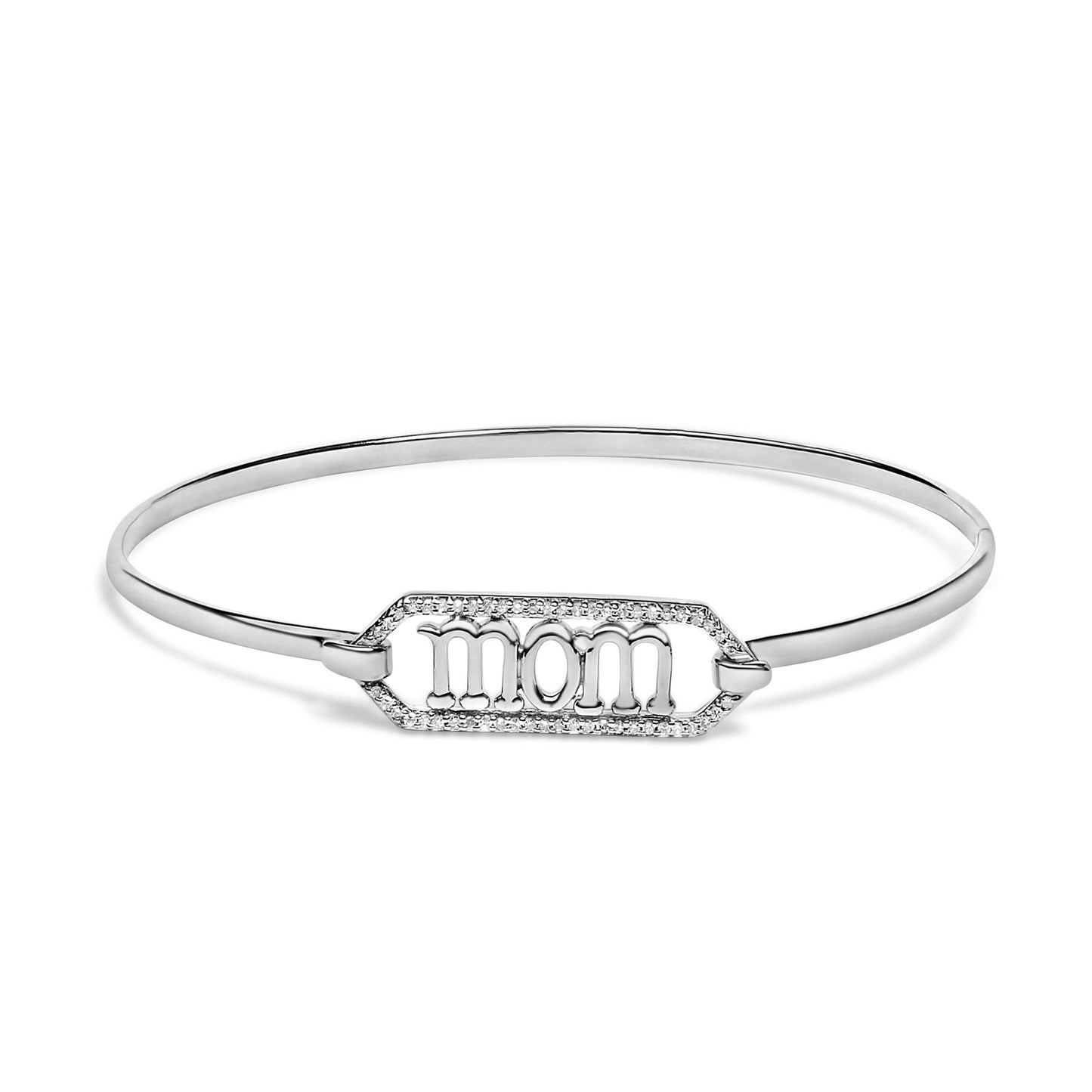 White bracelet with a hexagonal centerpiece featuring the word 'mom' surrounded by small white gemstones, shown from a front angle on a white background.