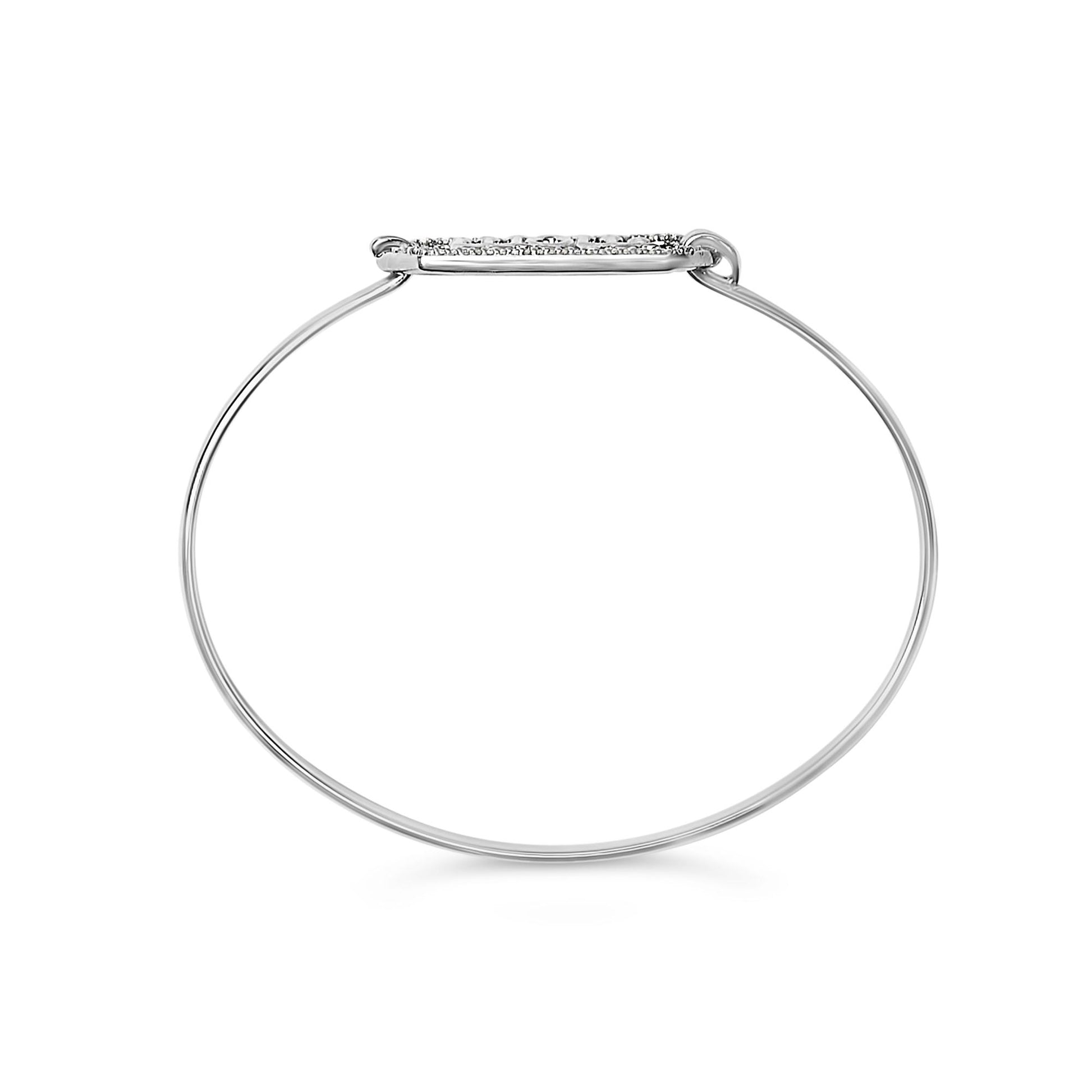 White metal bracelet with a thin circular band and a horizontal bar adorned with round white gemstones in prong settings, shown from the front angle on a white background.