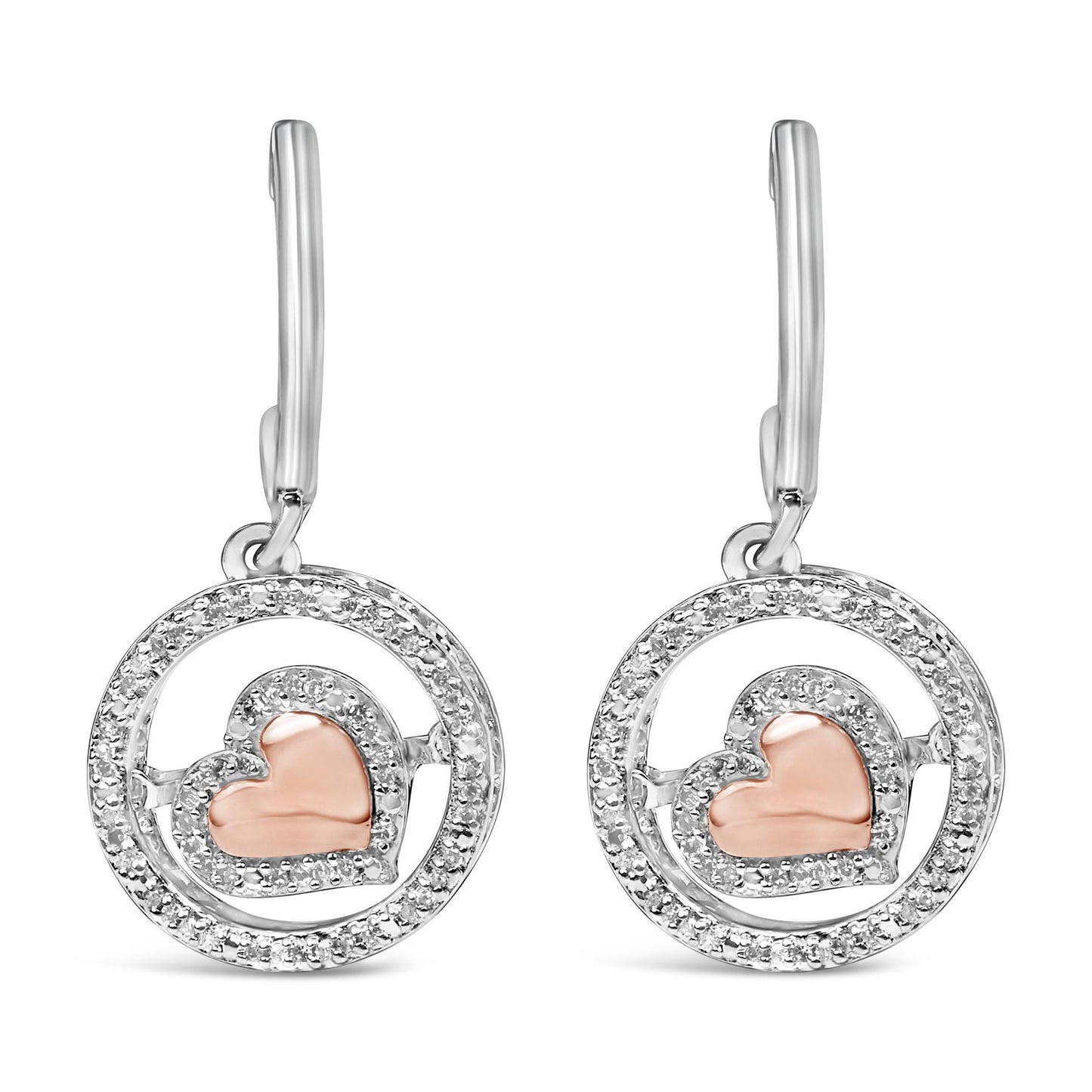 Front view of a pair of earrings featuring a circular design with white gemstones outlining the circle and a rose-colored heart shape accented with white gemstones inside each circle, shown against a white background.
