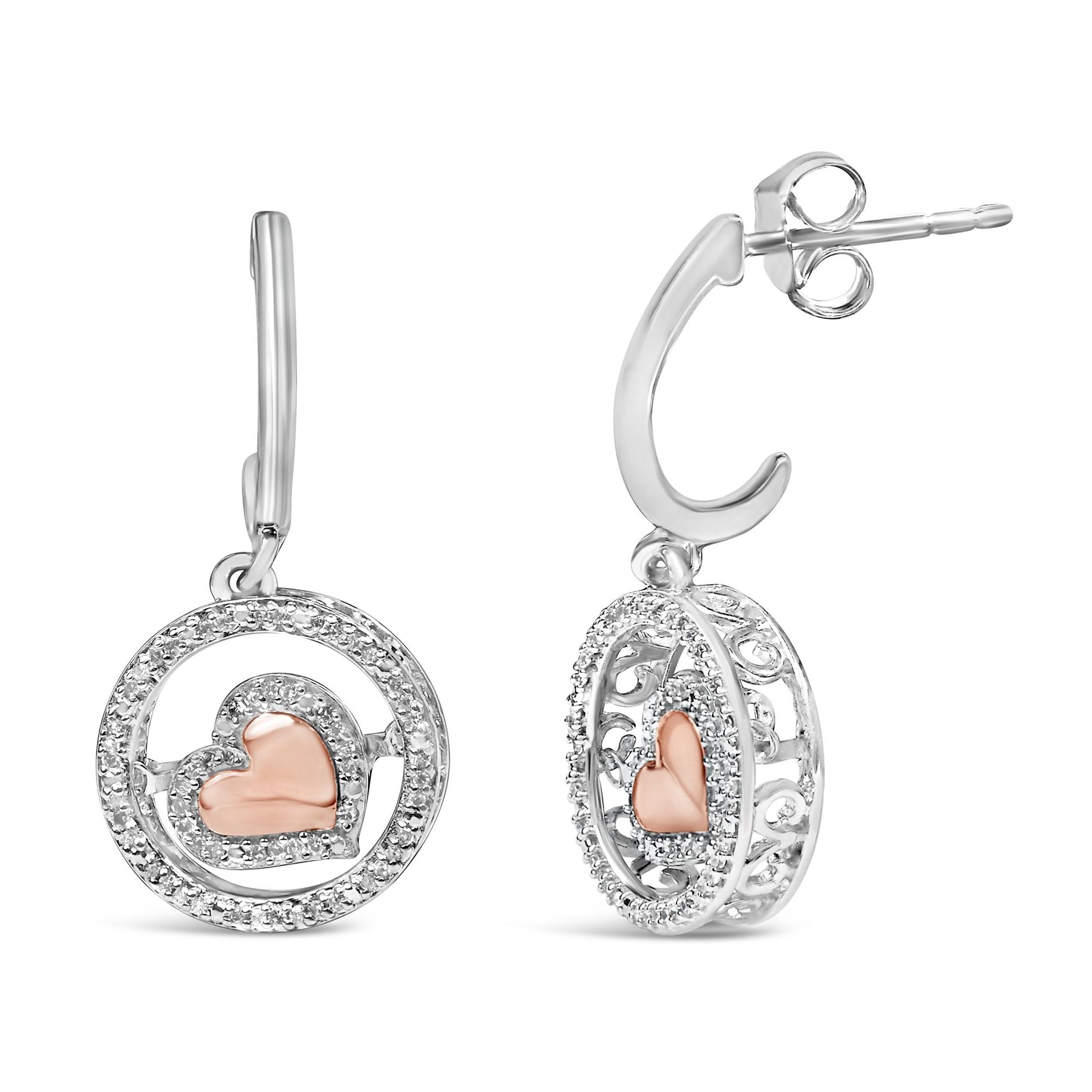 Pair of white and rose metal earrings with a heart-shaped center surrounded by two concentric circular frames set with round white gemstones, shown in a front and side angle on a white background.
