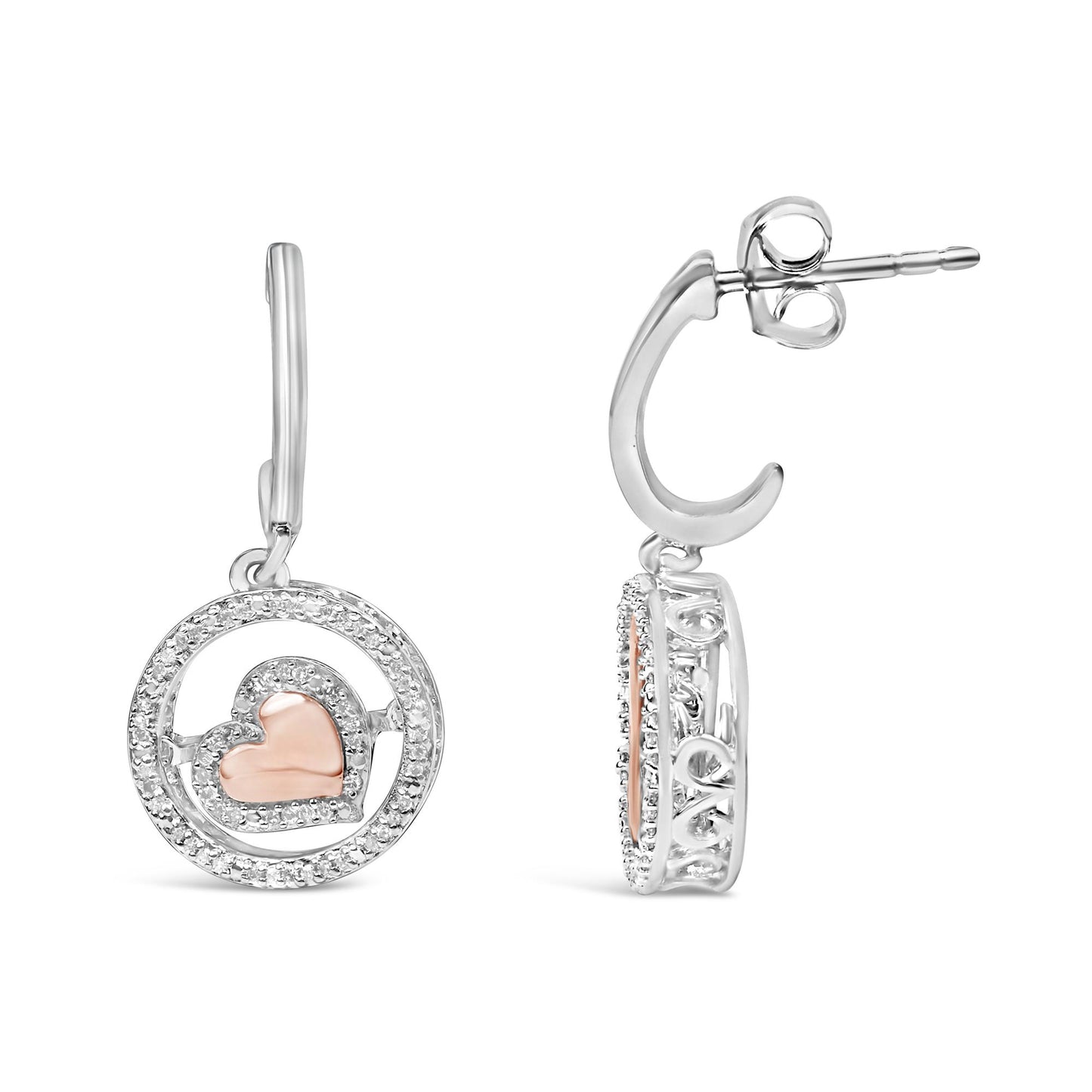 Front and side view close-up of white and rose metal drop earrings featuring a circular design with a rose heart shape in the center surrounded by small white gemstones in a prong setting.