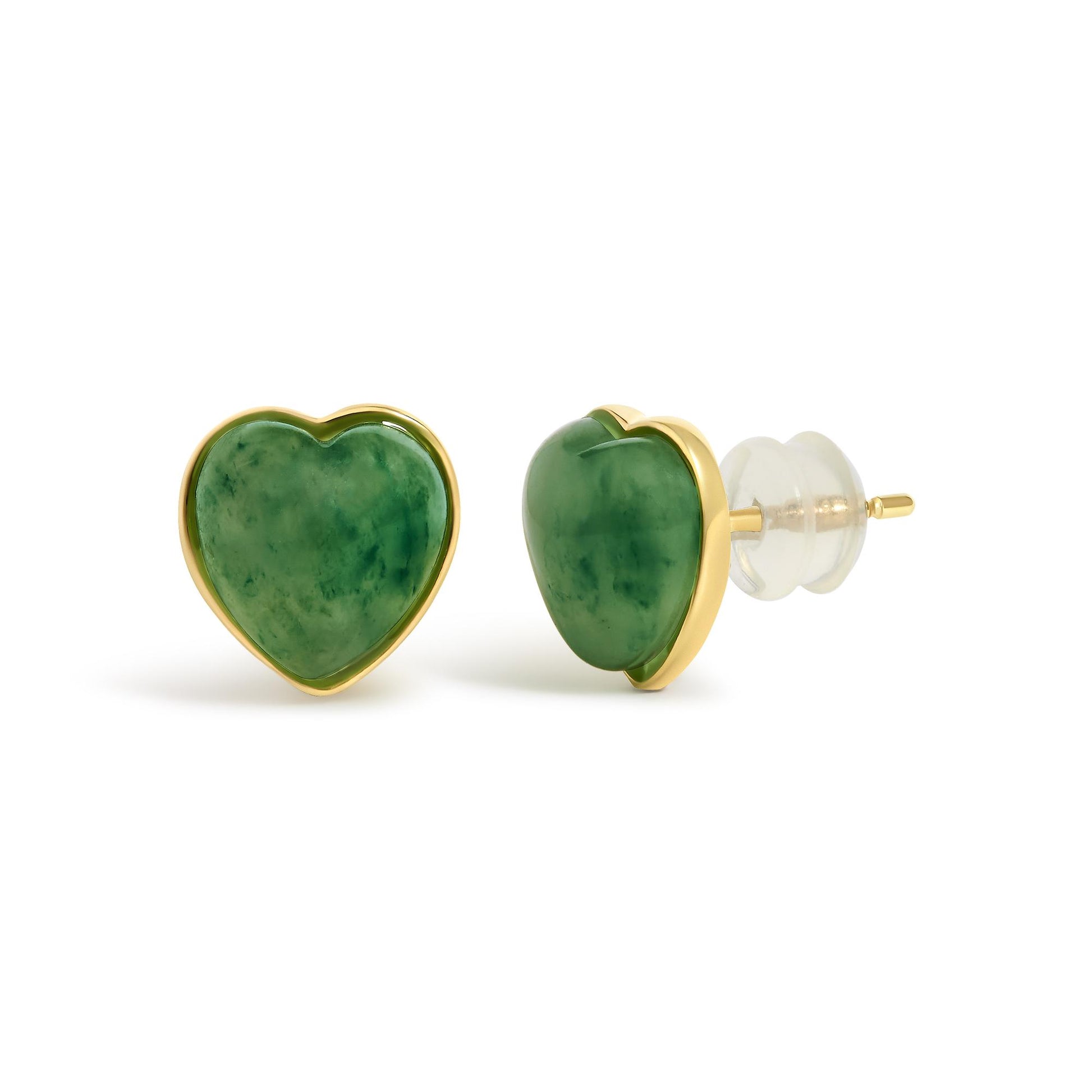 Close-up front and side angle of heart-shaped green gemstone stud earrings with yellow metal bezel settings, shown on a white background.