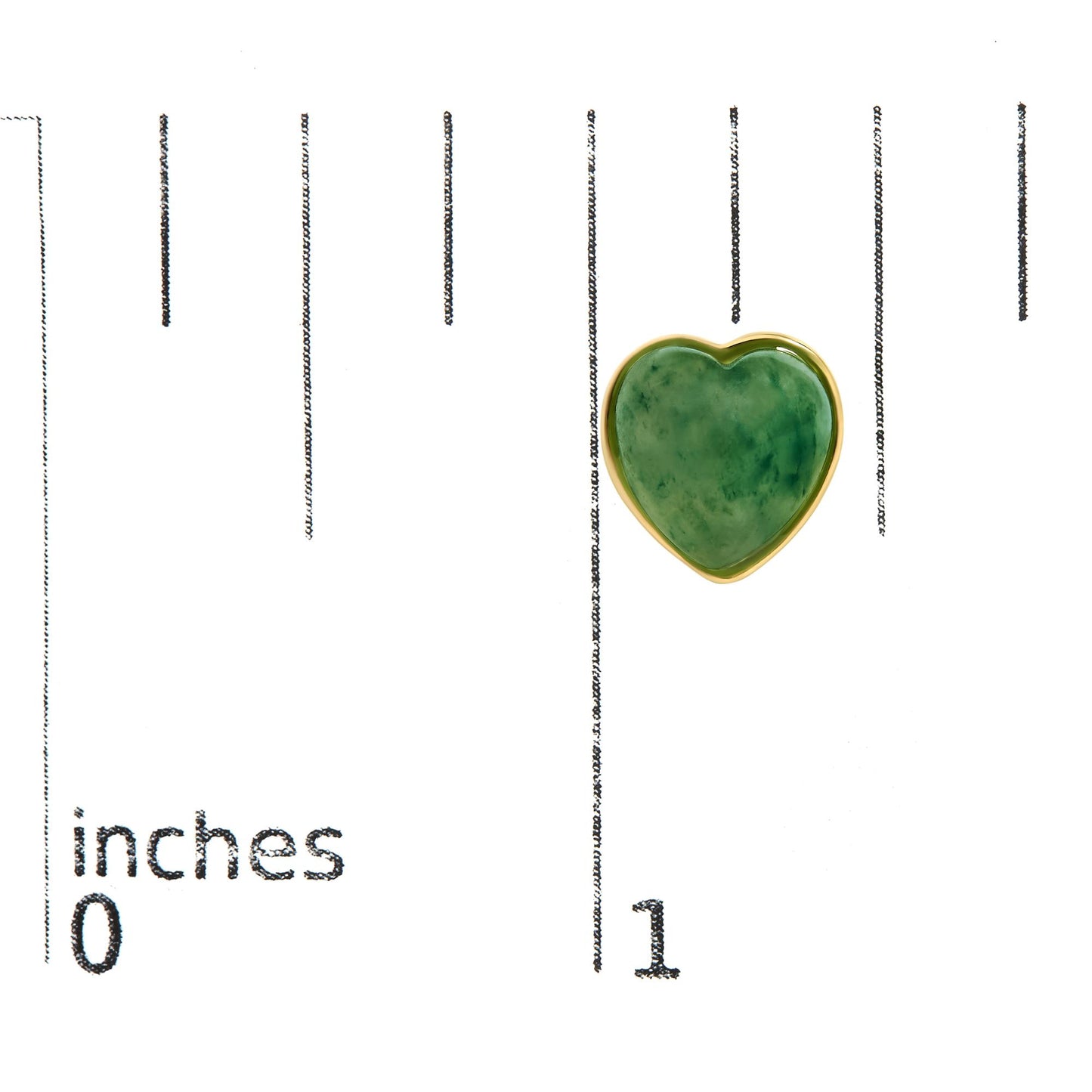 Close-up top-down view of a pair of yellow metal earrings with heart-shaped green gemstones in bezel settings, shown on a scale.
