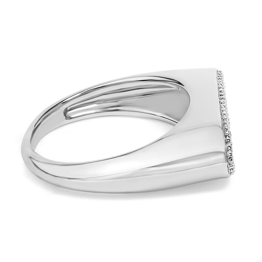 Close-up side angle of a white and yellow metal ring featuring a row of round white gemstones set in a shared prong setting along the top edge.