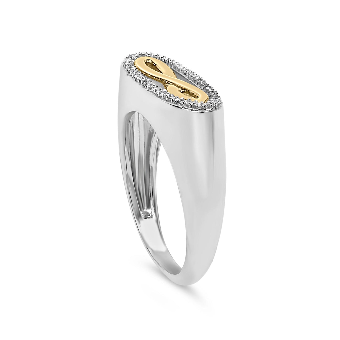 Close-up front angled view of a ring with a rectangular top featuring a yellow metal infinity symbol surrounded by small white gemstones, set on a smooth white metal band.