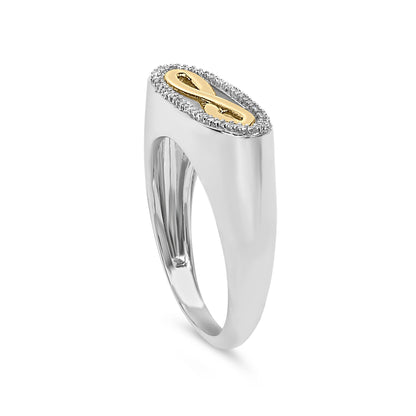 Close-up front angled view of a ring with a rectangular top featuring a yellow metal infinity symbol surrounded by small white gemstones, set on a smooth white metal band.