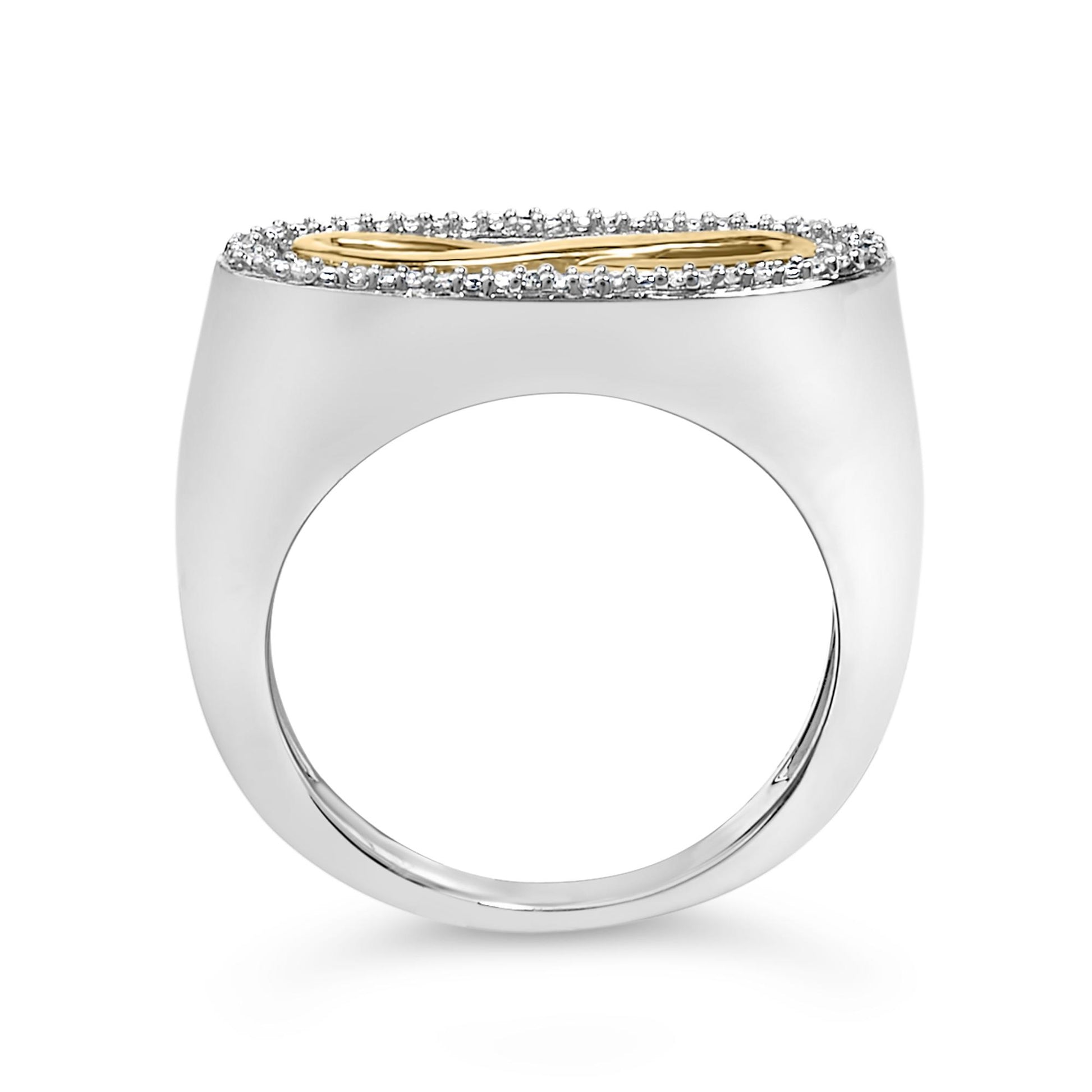 Ring shown from a front angle with a white band featuring a yellow curved design on top, surrounded by small white gemstones in a shared prong setting.