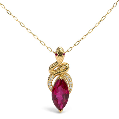 14K Yellow Gold Lab-Created Marquise Ruby & 1/10 Cttw Lab-Grown Diamond Snake Pendant Necklace