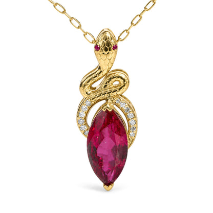 14K Yellow Gold Lab-Created Marquise Ruby & 1/10 Cttw Lab-Grown Diamond Snake Pendant Necklace