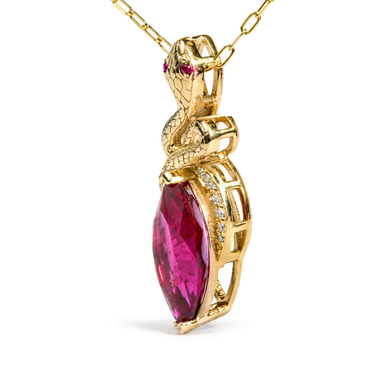 14K Yellow Gold Lab-Created Marquise Ruby & 1/10 Cttw Lab-Grown Diamond Snake Pendant Necklace