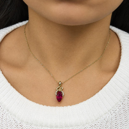 14K Yellow Gold Lab-Created Marquise Ruby & 1/10 Cttw Lab-Grown Diamond Snake Pendant Necklace
