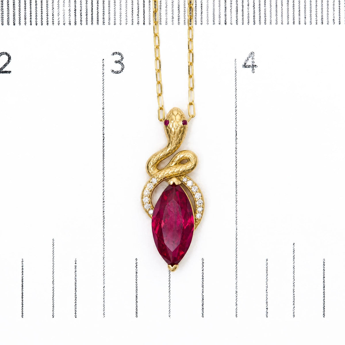 14K Yellow Gold Lab-Created Marquise Ruby & 1/10 Cttw Lab-Grown Diamond Snake Pendant Necklace