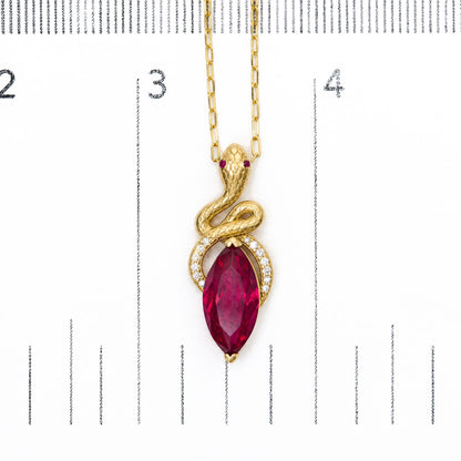 14K Yellow Gold Lab-Created Marquise Ruby & 1/10 Cttw Lab-Grown Diamond Snake Pendant Necklace