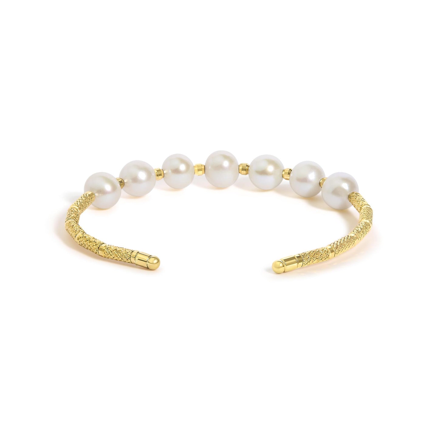 Close-up front angle of a yellow metal bracelet featuring a textured band and large white gemstones evenly spaced along the top.