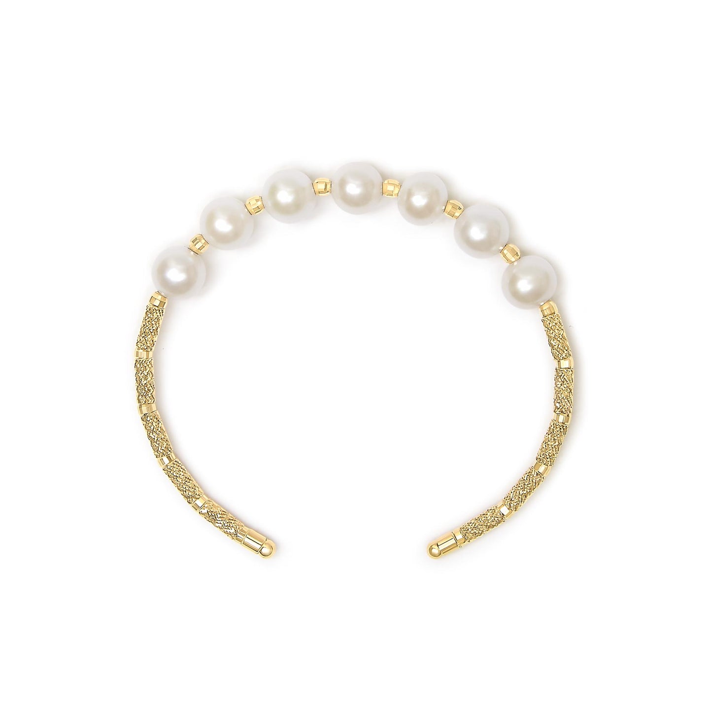 Close-up front view of a yellow metal bracelet featuring smooth round white gemstones spaced evenly along textured segments.